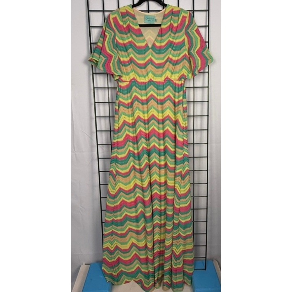 Judith March Maxi Dress Women XL Multi Chevron Crochet Knit Rainbow Boho Hippie